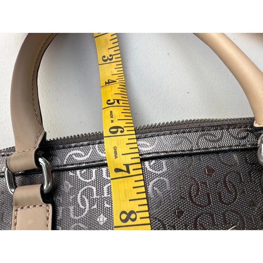 Guess Satchel Handbag Metallic Pewter Logo Embossed Tan Handles Leopard Lining‎